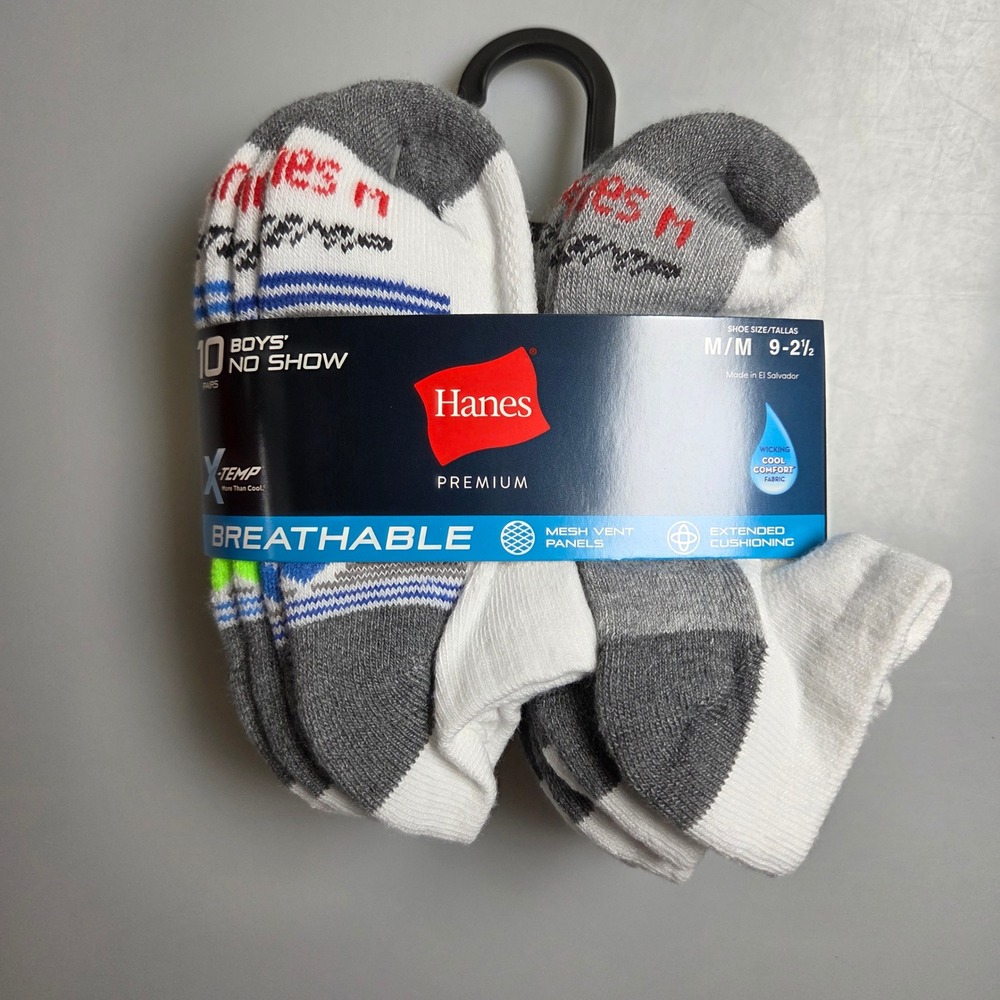 Hanes Premium Boys No Show‎ Socks 10 Pair Pack X-Temp Breathable Size M 9-2.5